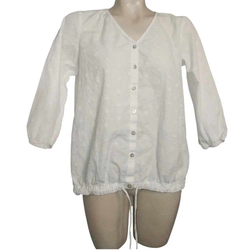 J. Jill Womens White Swiss Dot Cotton Button Down Drawstring Hem Blouse XS